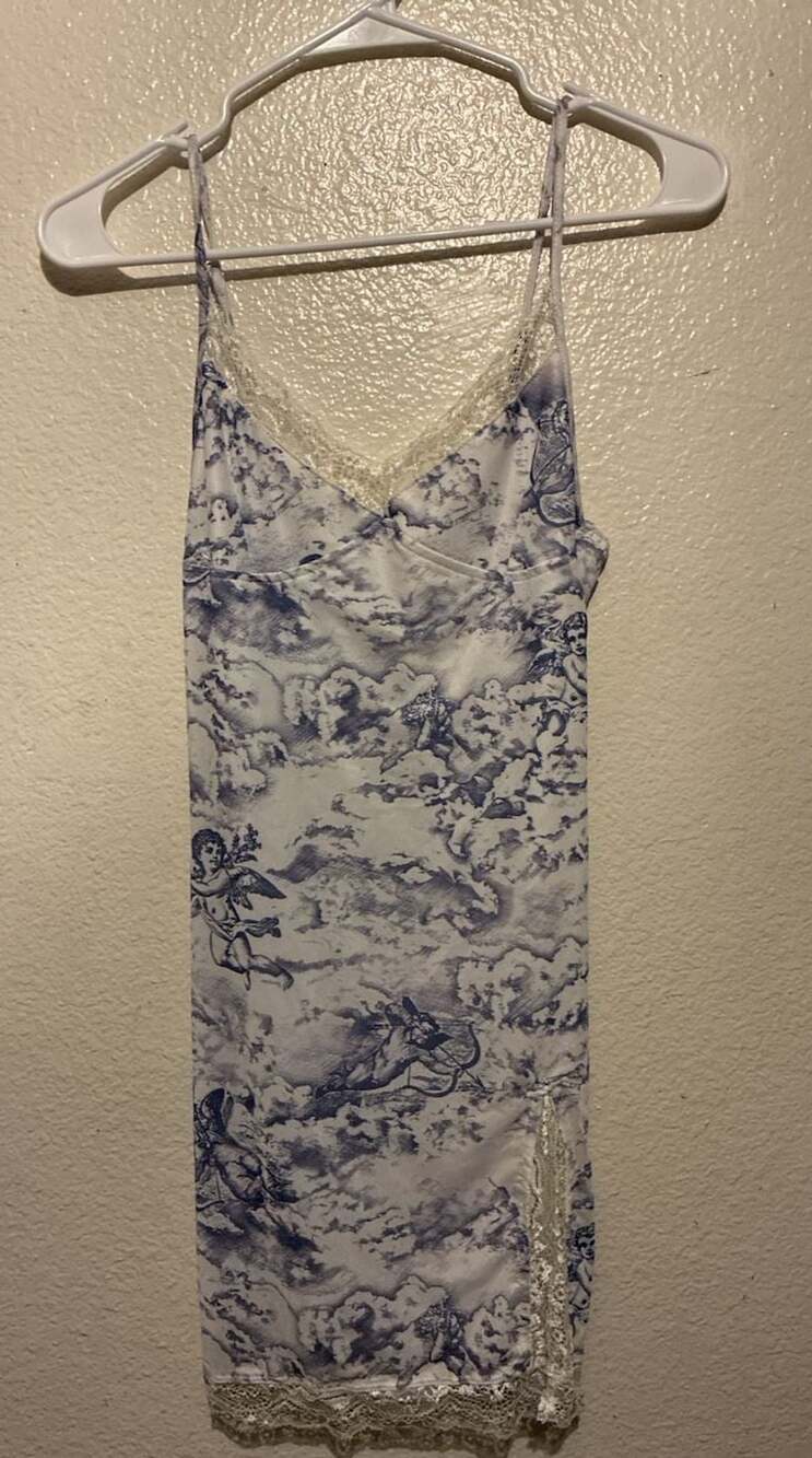 Y2K Motel Slip Dress Size S Blue White Cherub Cloud Lace Trim Coquette